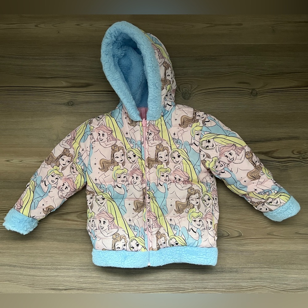 Disney Girls' Reversible Puffer Jacket with Cozy Faux Fur Plush Sherpa Lining